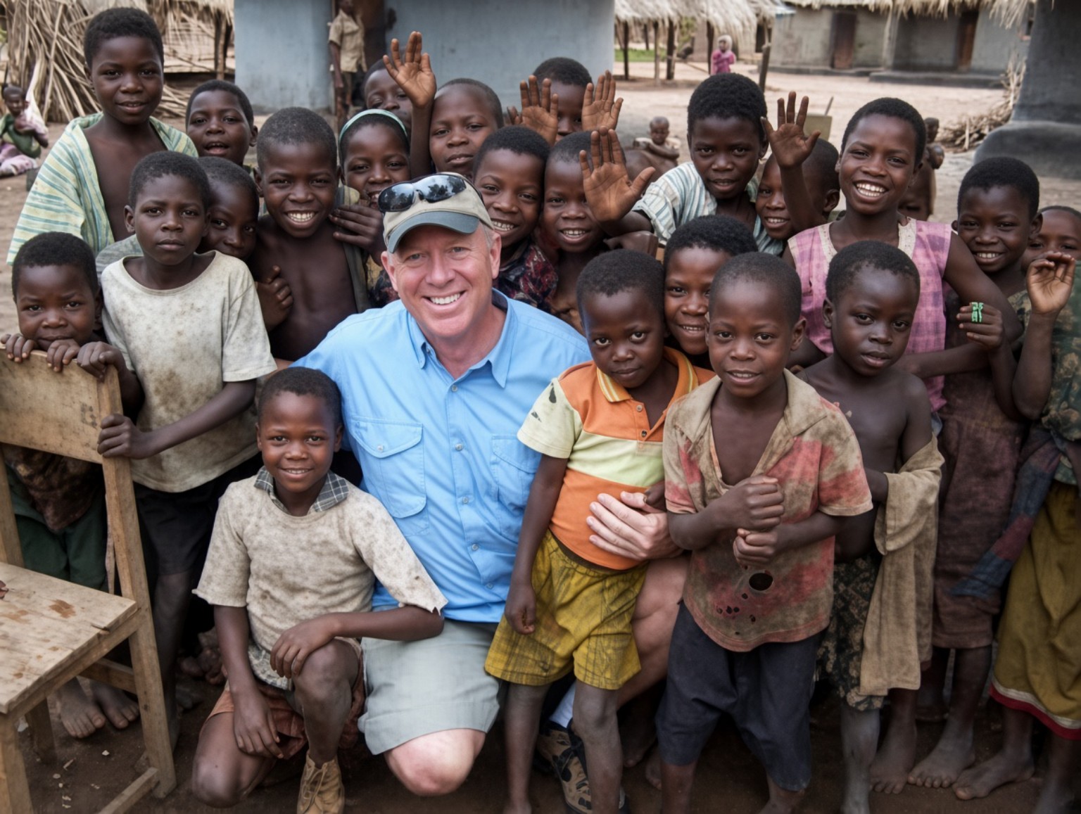 Children gathered with a community volunteer